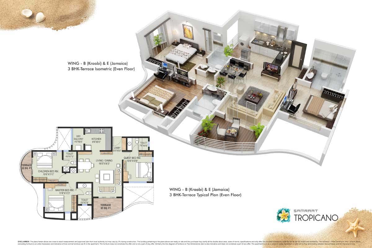 Wing B 3BHK - Terrace Isometric & Typical Plan Even Floor