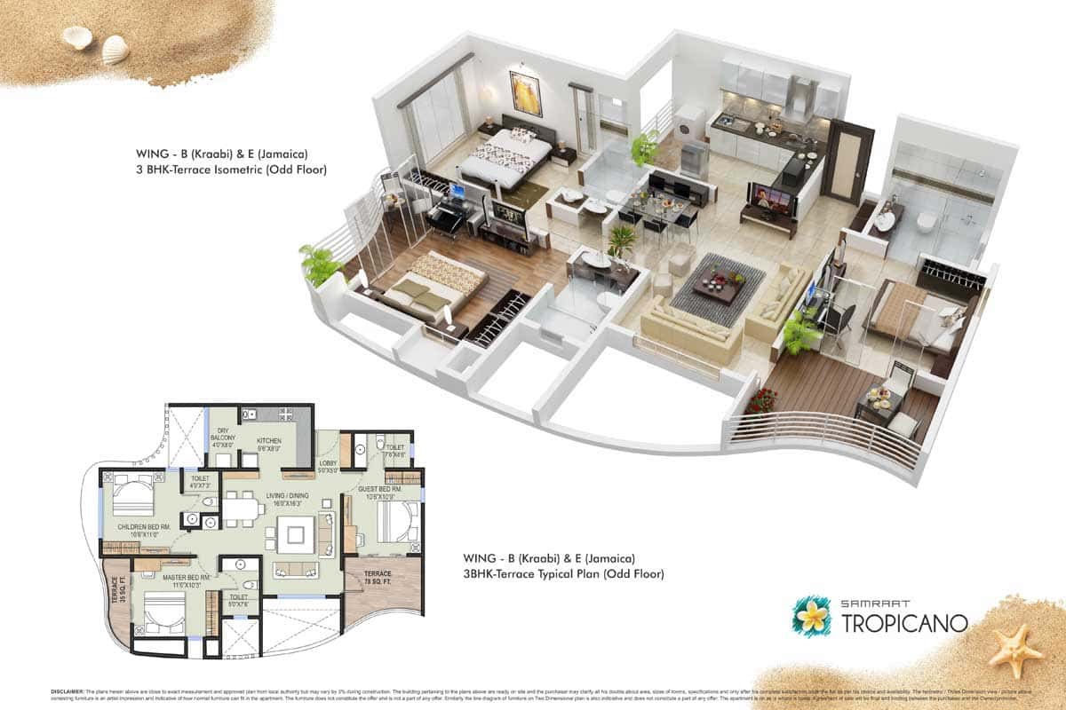 Wing B 3BHK - Terrace Isometric & Typical Plan Odd Floor