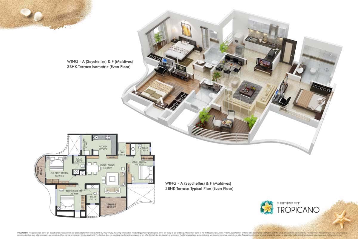 Wing A 3BHK - Terrace Isometric & Typical Plan Even Floor