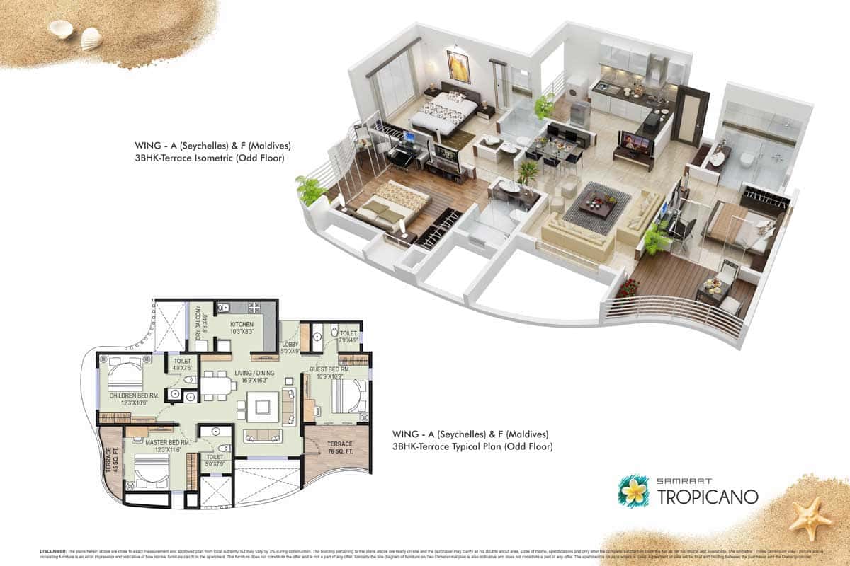 Wing A 3BHK - Terrace Isometric & Typical Plan Odd Floor